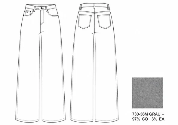 Technischer Fashion-Sketch einer Wide-Leg-Jeans mit Stoff-Swatch